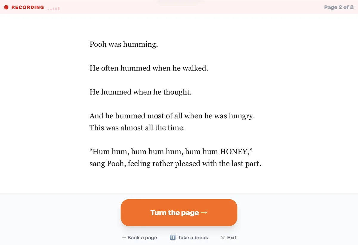 The recording view: one page of the story in large type, a recording indicator, and a Turn the page button.