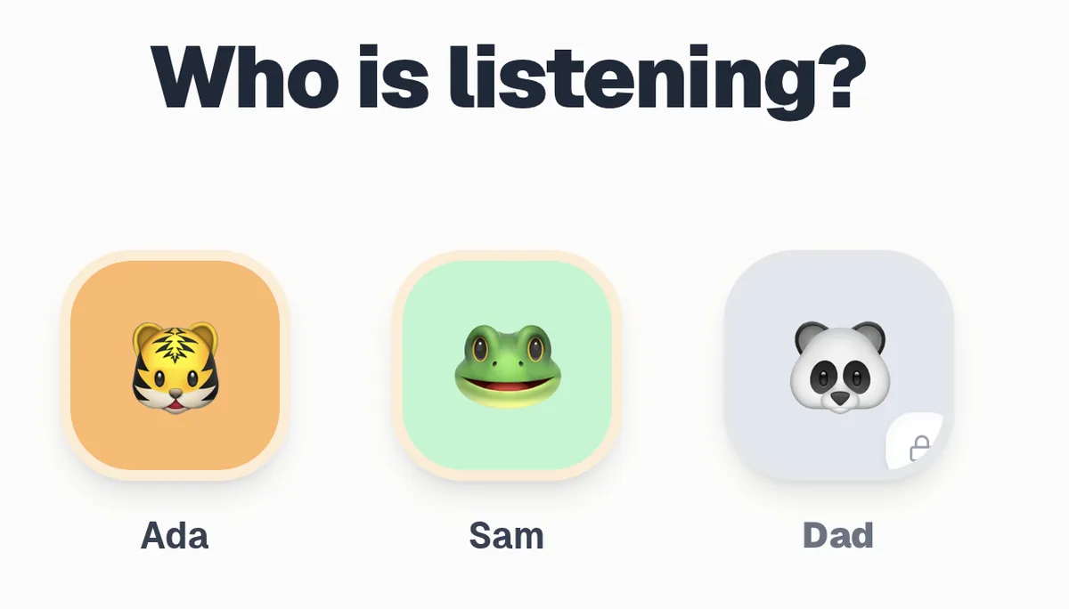The Who is listening? screen, with a profile for each child and a PIN-locked parent profile.