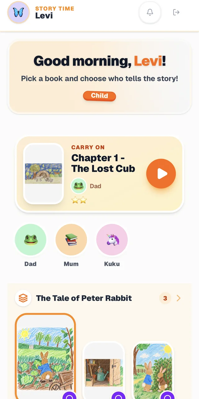 Kid Mode on a phone: a good-morning greeting, a Carry on card with a big play button, the faces of the family who read, and a row of Peter Rabbit chapters.