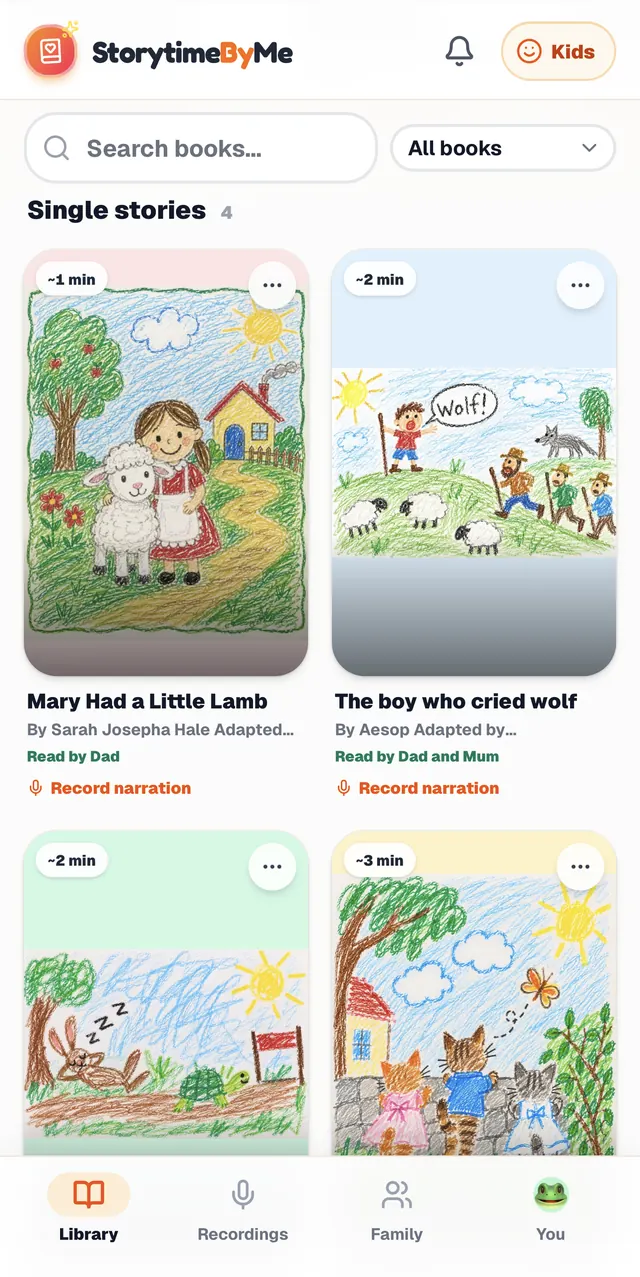 The grown-up Library on a phone: classic stories with hand-drawn covers, who has read each one, a Record narration link under every book, and a bar along the bottom for Library, Recordings, Family and You.
