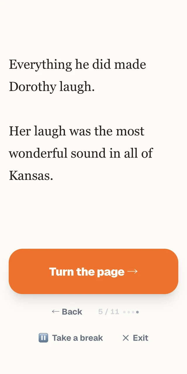 Recording The Wonderful Wizard of Oz on a phone: page 5 of 11 in large type, a big Turn the page button, and Back, Take a break and Exit underneath.